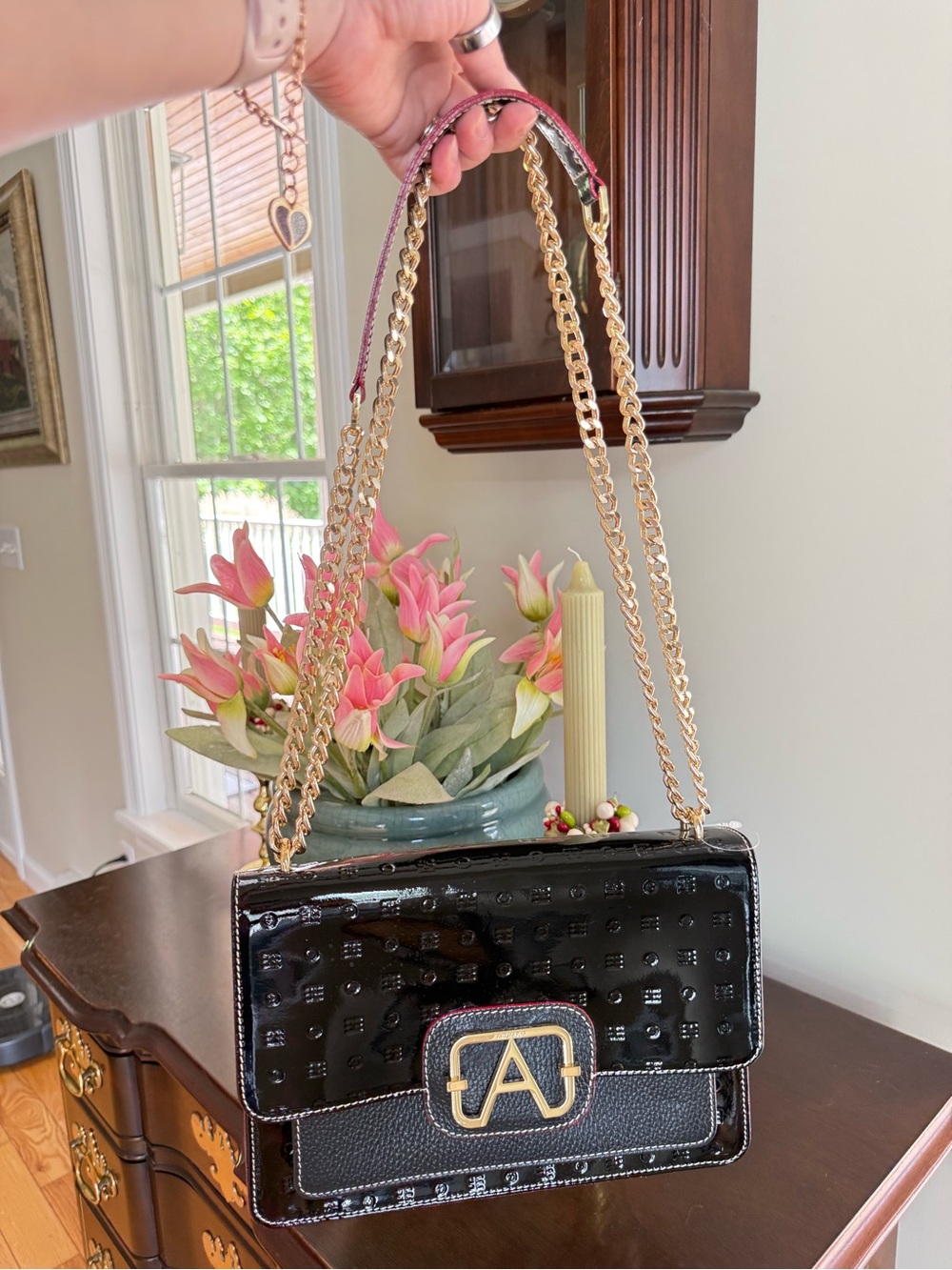 Arcadia Black Patent Shoulder Bag with Gold Chain